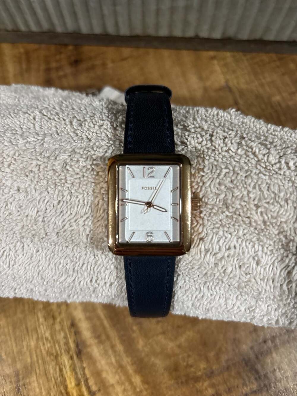 Fossil Raquel Rectangular Rose Gold-Tone Watch with Navy Leather Strap ES4158